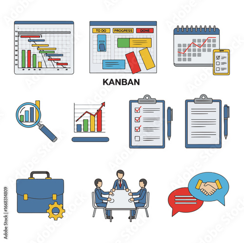 Kanban system icons: project management, scheduling, teamwork, and progress tracking.