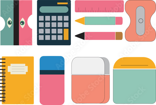 Collection of education stationery vector icons including sharpener ruler and eraser isolated on transparent background