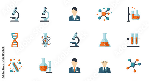 Science icons set: microscope, laboratory equipment, molecule structure, scientists