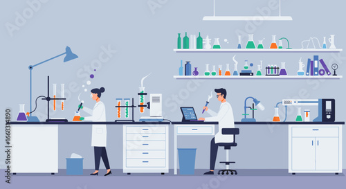Modern scientific laboratory with professionals conducting experiments in a flat design