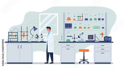 Scientist conducting experiment in modern laboratory with equipment and glassware