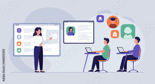 Online education concept with teacher and students in virtual classroom setting