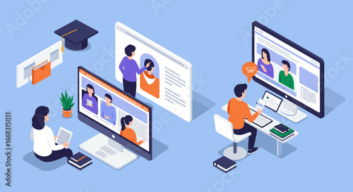 Isometric online education concepts with students and digital learning tools