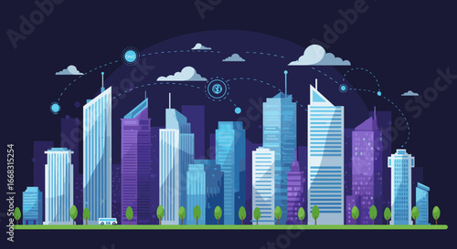 Modern smart city skyline with futuristic buildings and digital cloud connections