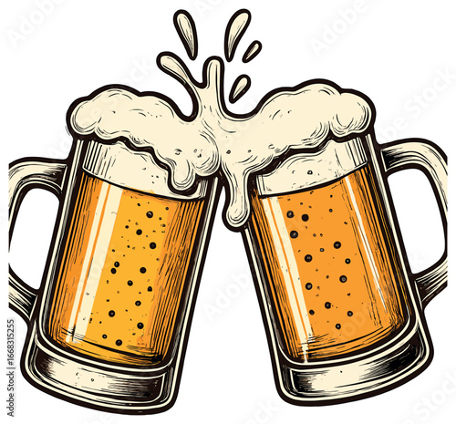 Beer toast vector: cheers, celebration, mug clink, oktoberfest, festive drink, party