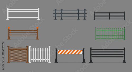 Diverse fence collection on gray background featuring classic and modern styles