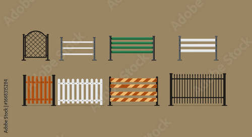 Variety of fences on brown background featuring different styles and materials
