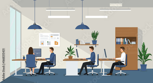 Modern office workspace with colleagues working at desks in a contemporary setting