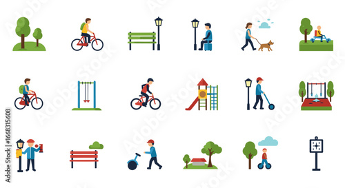 Flat urban park activities: cycling, walking, dog walking, outdoor fitness, relaxation