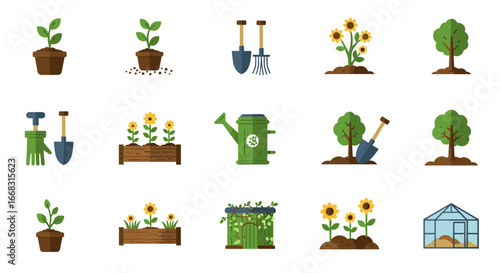 Gardening icons set featuring plants, tools, and greenhouse elements in flat design