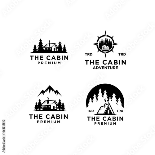 set collection premium wooden cabin and mountain pine forest retro vector black logo design
