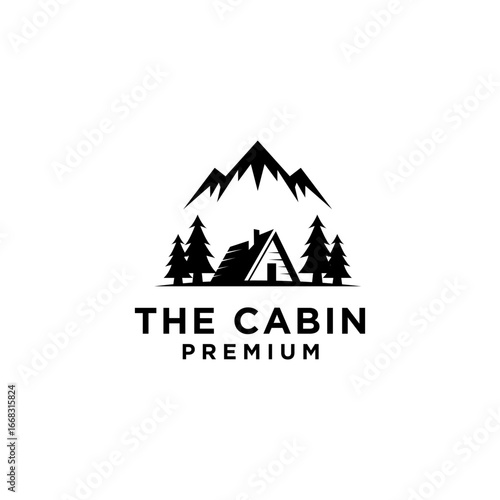 premium wooden cabin and pine forest mountain retro vector black logo design