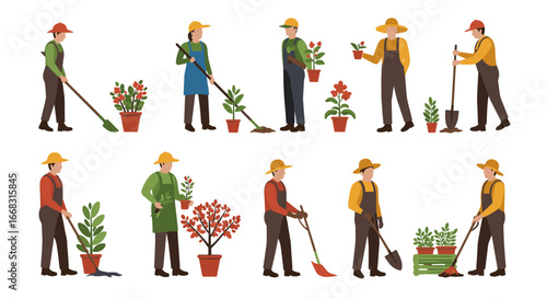 Gardeners in action: flat design depicting people planting and tending to plants