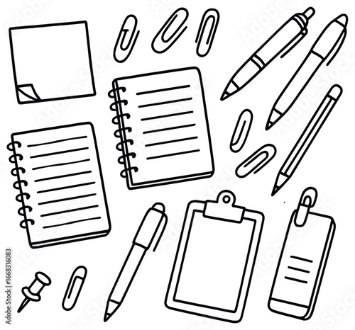Office supplies vector: doodle of notebooks, pens, and clips for organizational concepts