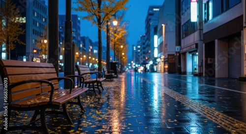 Serene Nightfall: Empty Benches on a Rain-Kissed City Street