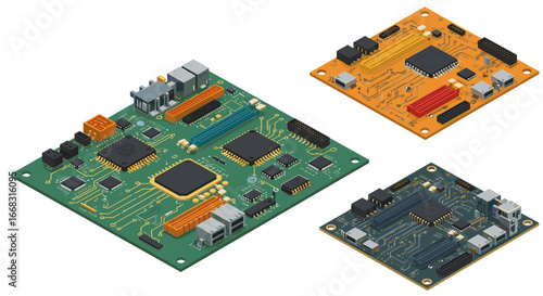 Isometric electronic circuit boards with microchips and components