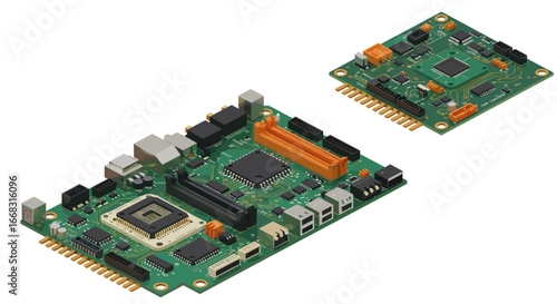 Detailed 3d isometric view of electronic circuit boards with chips and connectors