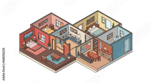 Detailed isometric cutaway of modern apartment interior with furnishings