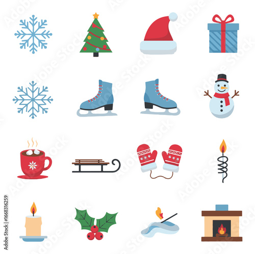 A collection of winter holiday icons including snowflakes, a Christmas tree, Santa hat, gift, ice skates, snowman, hot chocolate, sled, mittens, candles, holly, and a fireplace.