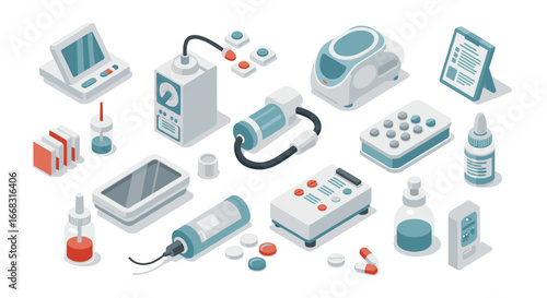 Isometric medical equipment set with modern devices and medicines