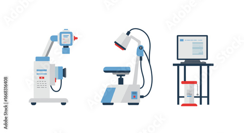 Modern flat style optometry equipment set for eye exam and vision testing