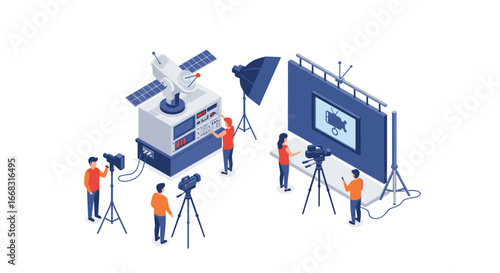 Broadcasting studio scene with camera crew and satellite equipment in isometric style