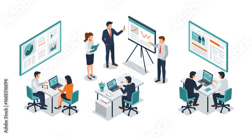 Isometric office environment with team collaboration and presentations