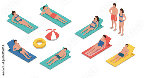 Isometric beachgoers relaxing on colorful loungers with inflatable ball and tube