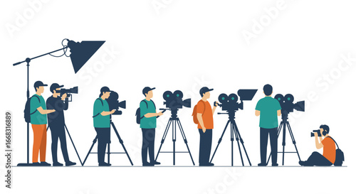 Film crew with cameras and lighting equipment in a studio setting