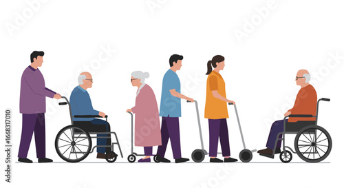 Diverse group of people with mobility aids in a flat design