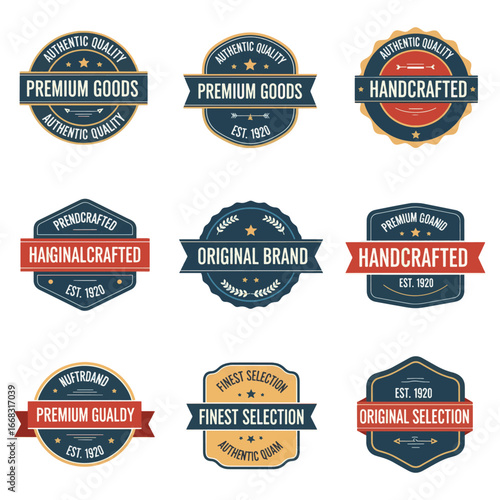 A collection of vintage-style badges and labels showcasing premium quality and handcrafted branding.