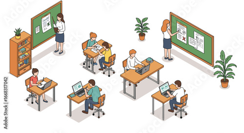 Isometric classroom scene with students and teachers engaged in learning activities
