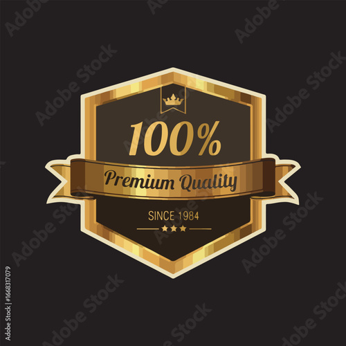 A golden and brown premium quality badge with 