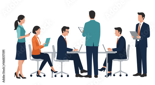 Office meeting collaboration scene with business professionals in formal attire
