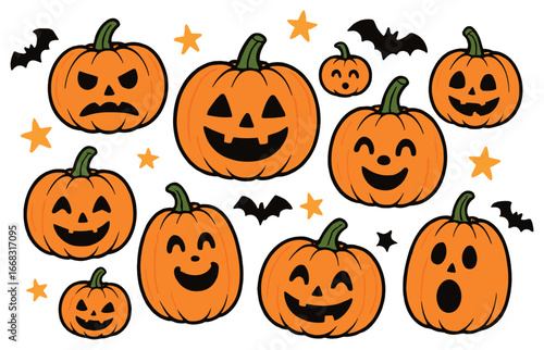 Halloween pumpkins: whimsical jack-o'-lantern parade with bats and stars vector art