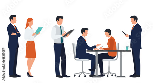 Business team collaboration in office setting with professionals in formal attire