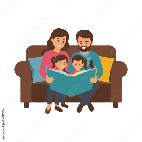 Family sitting on a couch, reading a book together.
