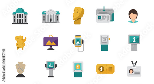 Museum and art gallery flat icons: sculptures, exhibits, and visitor passes