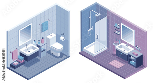 Modern isometric bathroom design with separate shower and toilet areas