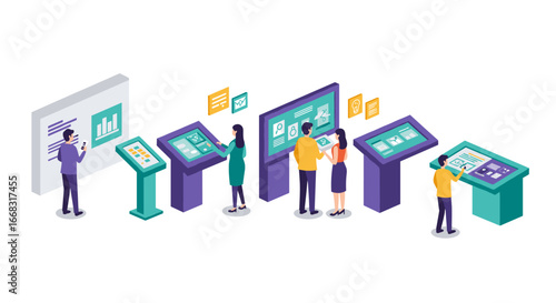 Interactive technology interface concept with people in isometric style