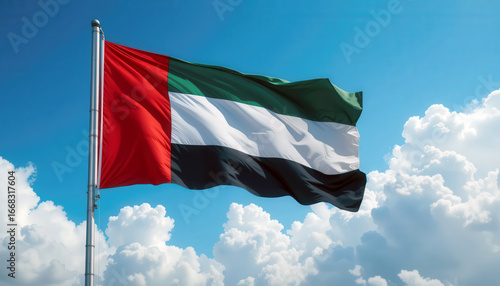 United Arab Emirates Flag Flying Against a Bright Blue Sky.