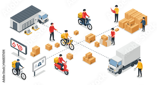 Efficient logistics network with delivery personnel and vehicles in isometric style