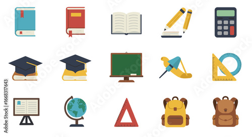 Flat icons of educational tools and accessories for learning and teaching
