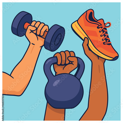 Dynamic fitness equipment vector: dumbbells, kettlebell, sneakers for workout enthusiasts
