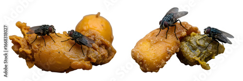 Discarded food waste is infested with flies.