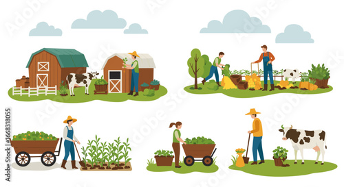 Rural farming scene with farmers and farm animals in pastoral setting