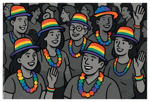 Colorful pride parade vector: festive crowd celebrating with rainbow accessories