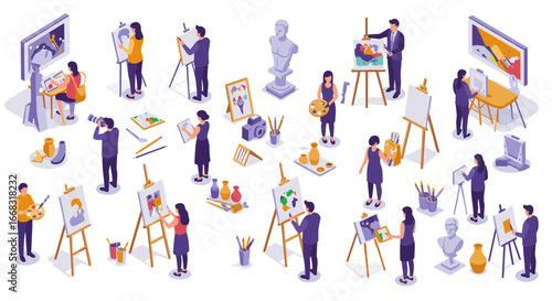Creative art class with diverse artists painting and sculpting in isometric style