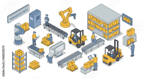 Isometric factory automation with robotics and workers in a warehouse setting