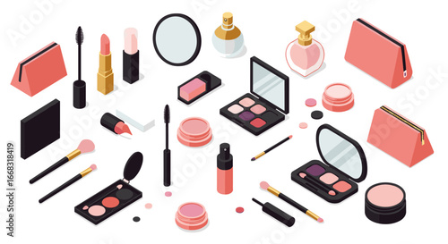 Essential makeup products in isometric style for beauty enthusiasts and cosmetic lovers